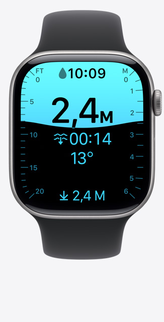 Apple Watch Series 11, caja de aluminio, color oro rosa, pantalla de la app Profundidad, inmersión a 2.4 metros