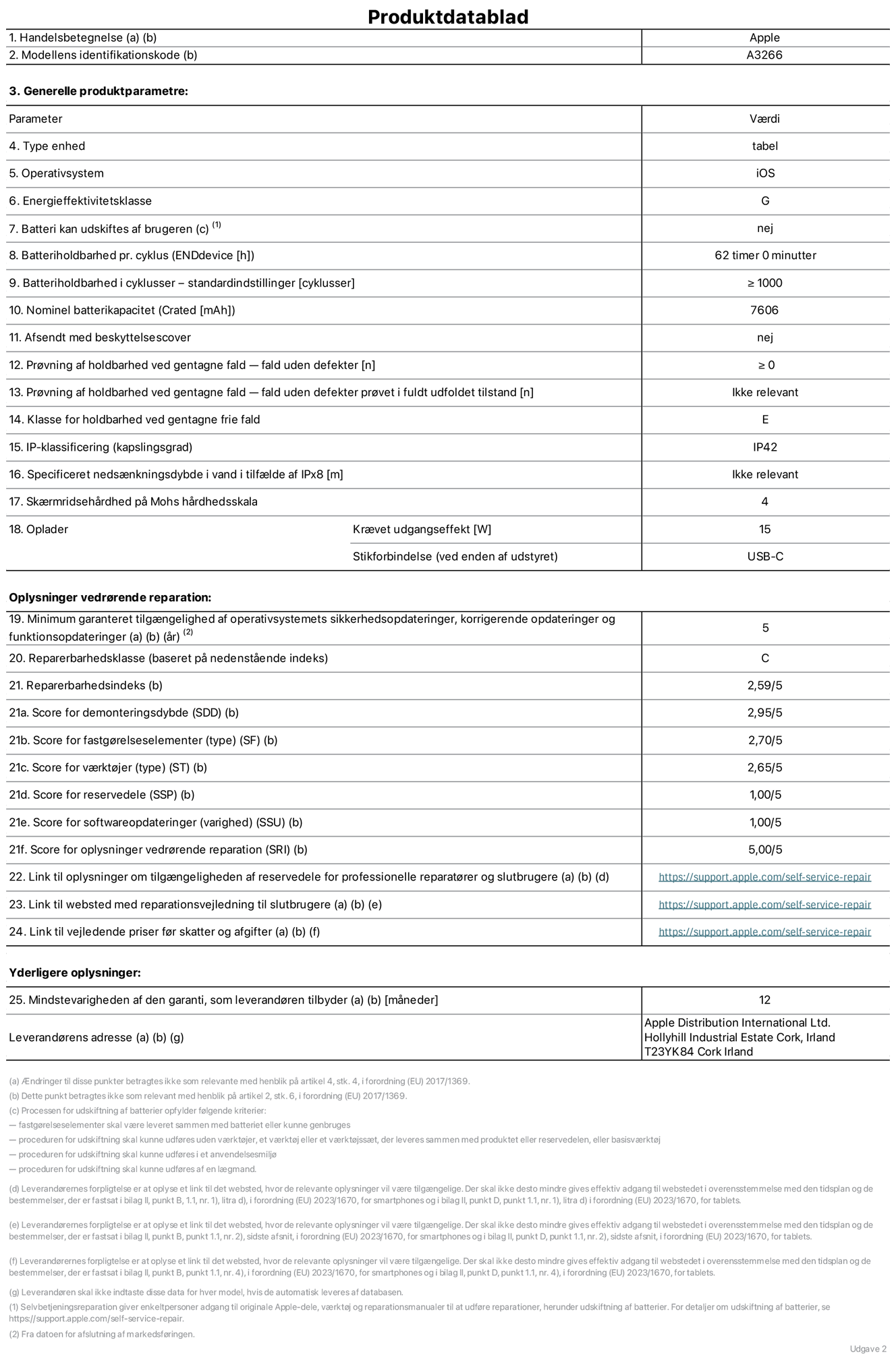 Produktdatablad til 11" iPad Air Wi-Fi. Model A3266. Leveret af Apple UK Ltd, 100 New Bridge Street, London EC4V 6JA. Enhedstype: tablet. Styresystem: iOS. Energieffektivitetsklasse for standard dynamikområde: G. Batterilevetid: 72 timer. Batterilevetid i cyklusser: ≥ 1000. Nominel batterikapacitet: 7606 mAh. Holdbarhedstest ved gentagne fald – fald uden defekt: ≥ 0. Holdbarhedsklasse ved gentagne fald: E. Kapslingsklasse: IP42. Skærmens ridsefasthed på Mohs' hårdhedsskala: 4. Påkrævet udgangseffekt for oplader: 15 W. Opladerstiktype: USB-C. Garanteret minimumsperiode for tilgængelighed af sikkerhedsopdateringer, fejlrettelser og funktionsopdateringer til styresystemet: 5 år. Reparerbarhedsklasse: C. Reparationsindeks: 2,59/5. Antal point for demonteringsdybde: 2,95/5. Antal point for fastgørelseselementer (type): 2,70/5. Antal point for værktøj: 2,65/5. Antal point for reservedele: 1,00/5. Antal point for softwareopdateringer: 1,00/5. Antal point for reparationsoplysninger: 5,00/5. Weblink til oplysninger om tilgængeligheden af reservedele for professionelle reparatører og slutbrugere: https://support.apple.com/self-service-repair. Weblink til vejledning i reparation for slutbrugere: https://support.apple.com/self-service-repair. Weblink til vejledende priser før skatter og afgifter: https://support.apple.com/self-service-repair. Produktet er omfattet af 12 måneders garanti.