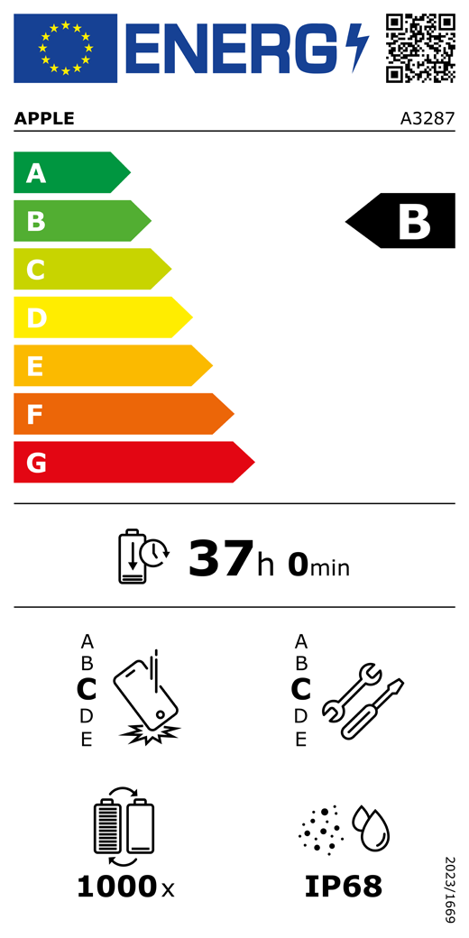 EU-energimærke, QR-kode og information, Apple-model A3287, klasse B, energieffektivitetsklasser (med en skala fra A til G), A (mest effektiv) til G (mindst effektiv), batteriholdbarhed pr. cyklus: 37 timer og 0 minutter pr. fuld batteriopladning, klasse C for holdbarhed ved gentagne frie fald, A (mest robust) til E (mindst robust), klasse C for reparerbarhed, A (mest reparerbar) til E (mindst reparerbar), batteriholdbarhed på 1000 cyklusser, IP-klassificering for støv- og vandbeskyttelse: IP68, forordning 2023/1669.