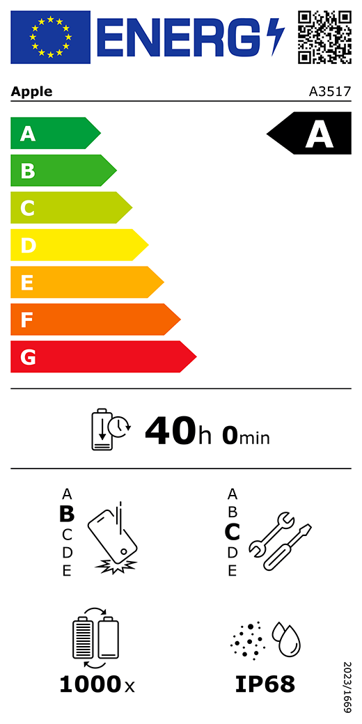 EU-energimærke, QR-kode og information, Apple-model A3517, klasse A, energieffektivitetsklasser (med en skala fra A til G), A (mest effektiv) til G (mindst effektiv), batteriholdbarhed pr. cyklus: 40 timer og 0 minutter pr. fuld batteriopladning, klasse B for holdbarhed ved gentagne frie fald, A (mest robust) til E (mindst robust), klasse C for reparerbarhed, A (mest reparerbar) til E (mindst reparerbar), batteriholdbarhed på 1000 cyklusser, IP-klassificering for støv- og vandbeskyttelse: IP68, forordning 2023/1669.