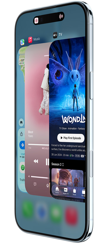 iPhone Air, voorkant, zijkant, met Kaarten, Muziek en Apple TV+, de Appkiezer wordt gebruikt