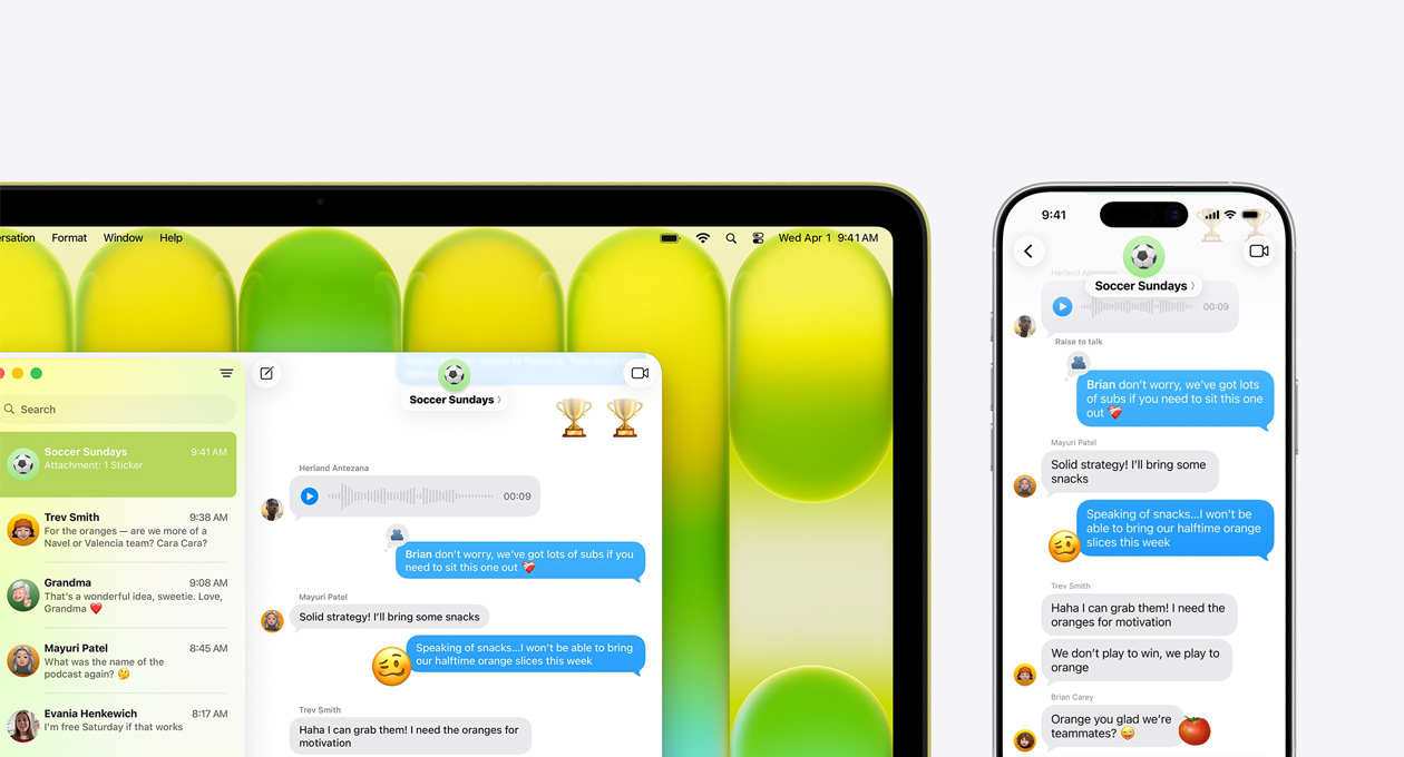 Zajednički prikaz MacBooka Neo u citrusnoj boji, na kojem se u aplikaciji poruke vide grupni razgovor pod naslovom „Nogometne nedjelje“ i ostale poruke, te iPhonea s istim grupnim razgovorom