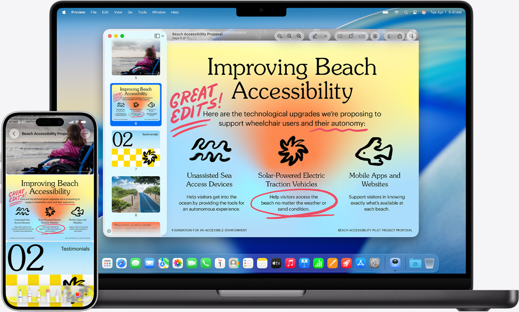 iPhone és MacBook egymás mellett, a tükrözés effektet bemutatva a MacBookon. Naptár és Jegyzetek widgetek a kijelző teteje felé, appok az alja felé.