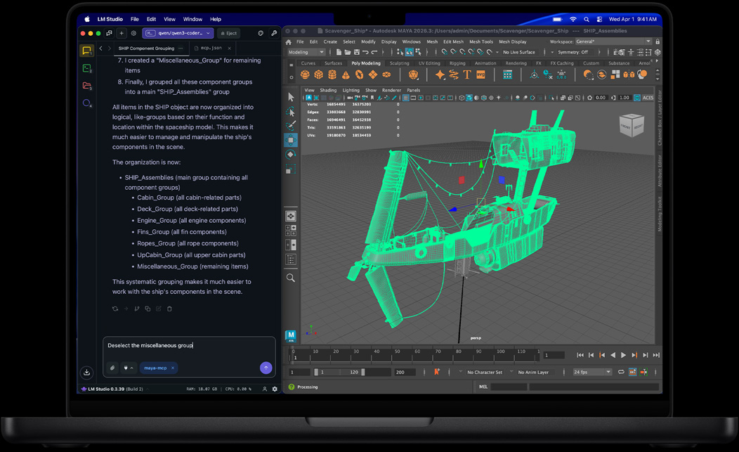 Ekran MacBooka Pro z otwartymi aplikacjami LM Studio i Autodesk Maya