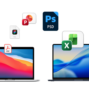 兩部並排的 MacBook 正面，展示各自顏色鮮艷的桌面背景。不同檔案圖示以拱形呈現於兩部 MacBook 上方。檔案圖示包括 Acrobat 檔案、Figma 檔案、PowerPoint 檔案、Photoshop 檔案和 Excel 檔案。