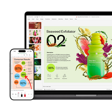 Mac 和 iPhone 的正面圖，分別展示同一份簡報的不同部分，這份明亮活潑、色彩繽紛的簡報主題是護膚產品。