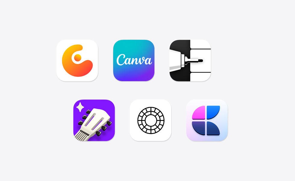 Các biểu tượng ứng dụng khác nhau trong một dãy rải rác, bao gồm Concepts, Canva, Flow Note Taking, Simply Guitar, VSCO, Craft