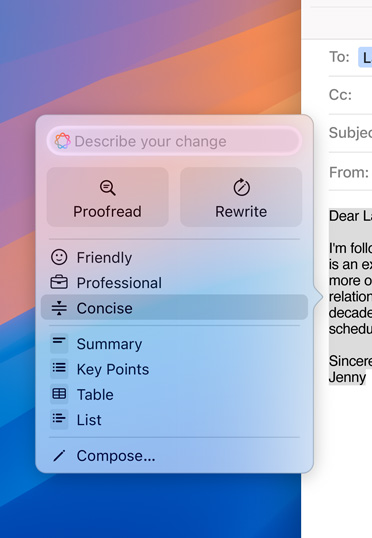 Màn hình nền máy Mac với bản nháp email thể hiện câu lệnh Apple Intelligence. Tùy chọn chỉnh sửa email cho chính xác hơn đã được chọn.