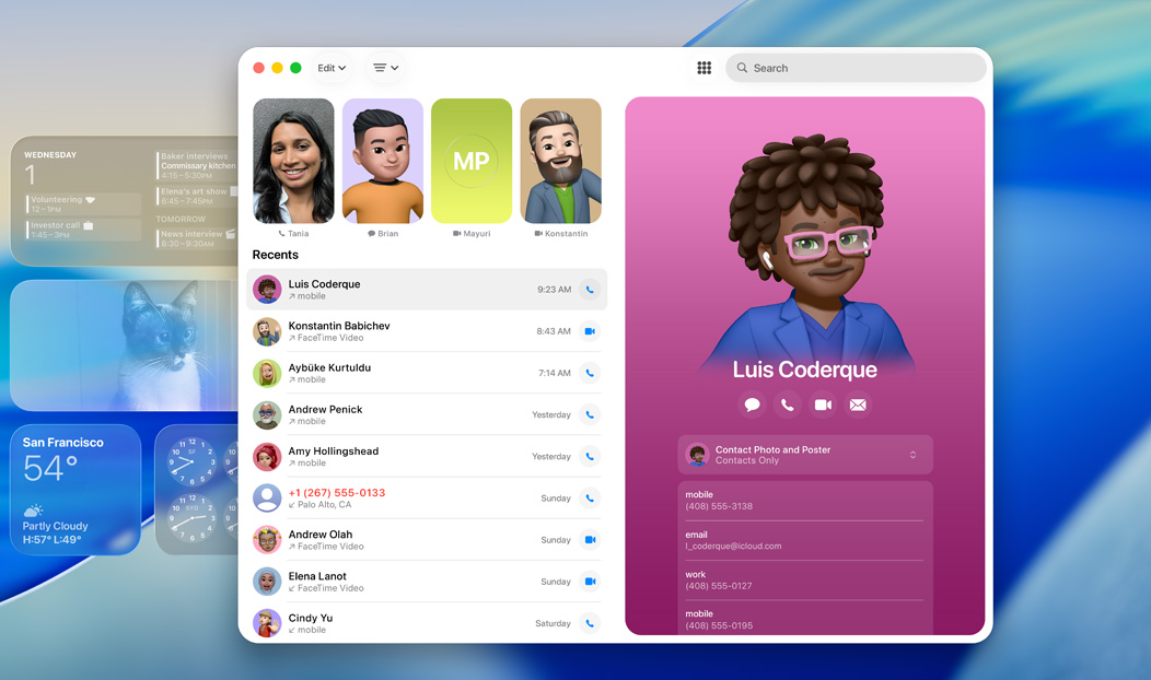 MacBook Pro, Telefoon-app geopend, een contactpersoon die is weergegeven na een recent telefoongesprek