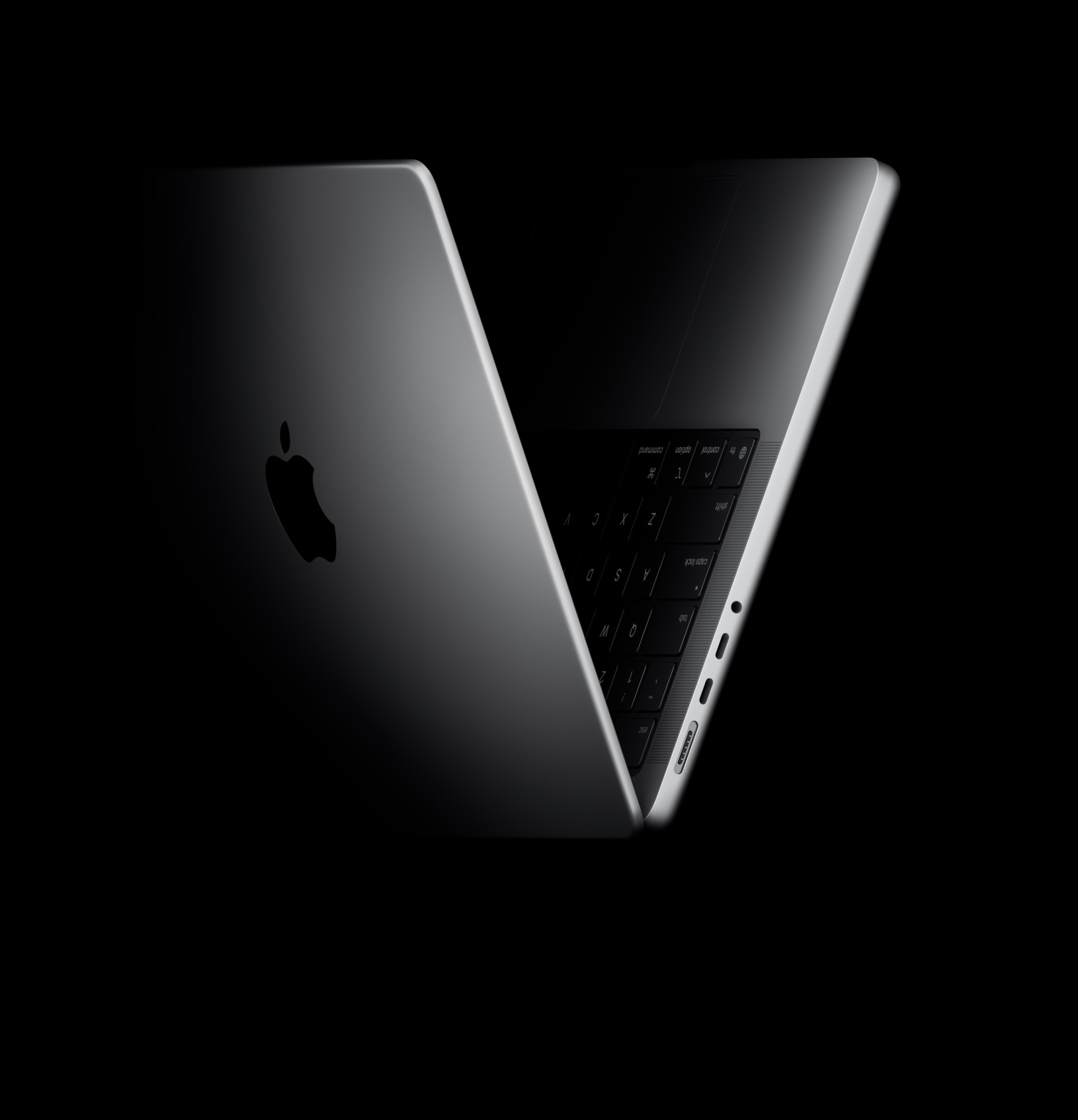 MacBook Pro in de vorm van een V, verwijzend naar de chips in de M5-serie