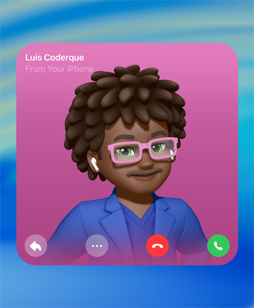 Plakat kontaktu FaceTime z Genmoji pośrodku, imieniem osoby w lewym górnym rogu oraz ikonami Odpowiedz, Więcej opcji, Rozłącz się i Odbierz u dołu