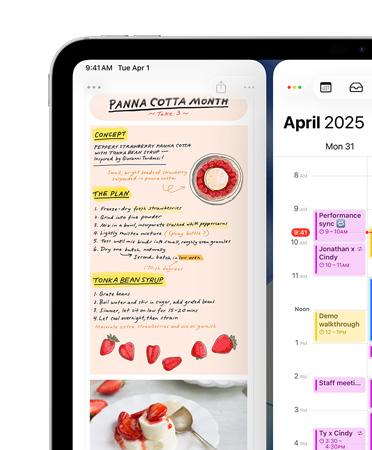 iPad i liggande läge, den övre delen av skärmen visar Anteckningar och Kalender ordnade sida vid sida som ett exempel på fönsterorganisering