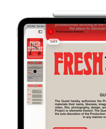 iPad i liggande läge med en Apple Pencil magnetiskt fäst vid ovansidan, en pdf visas uppe till vänster på skärmen i appen Förhandsvisning